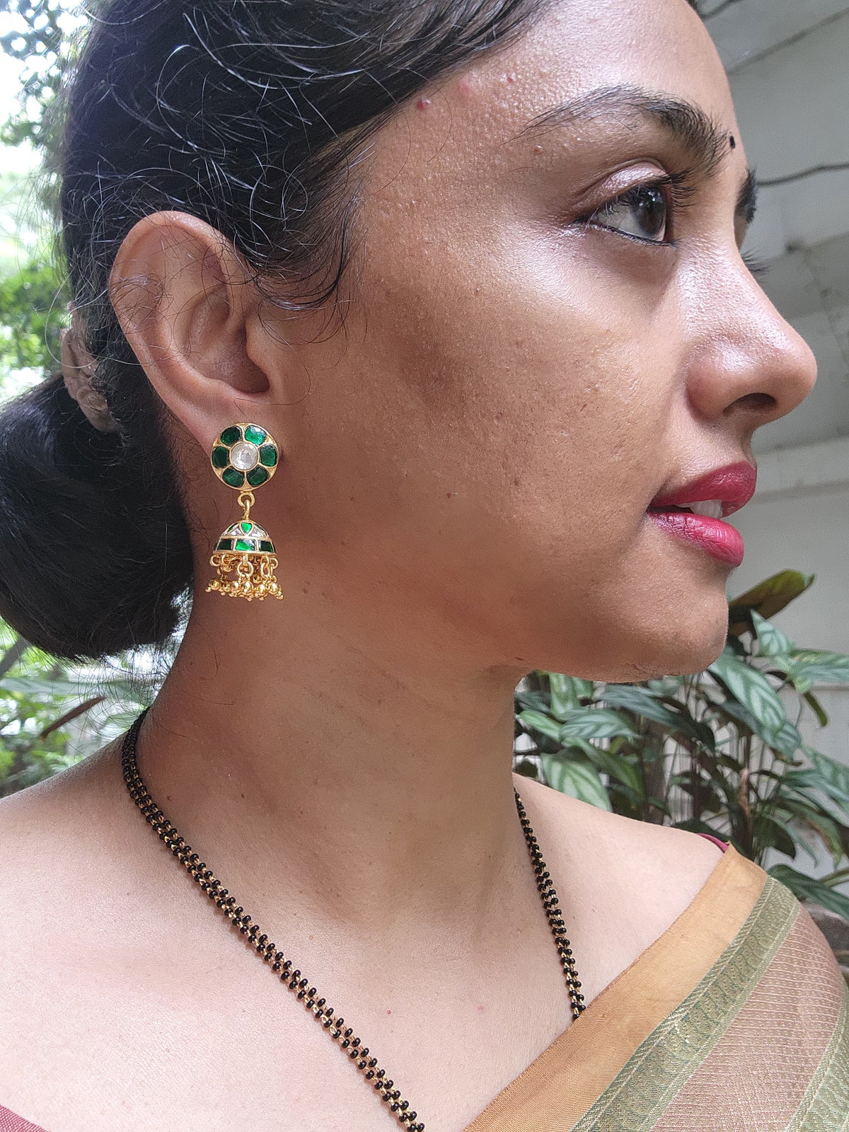 Gold polish kundan & emerald jhumkas with gold beads-Earrings-CI-House of Taamara