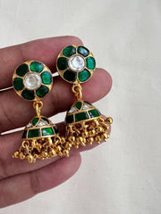 Gold polish kundan & emerald jhumkas with gold beads-Earrings-CI-House of Taamara