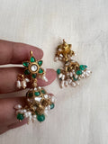 Gold polish kundan & emerald jhumkas with pearls-Earrings-CI-House of Taamara