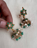 Gold polish kundan & emerald jhumkas with pearls-Earrings-CI-House of Taamara