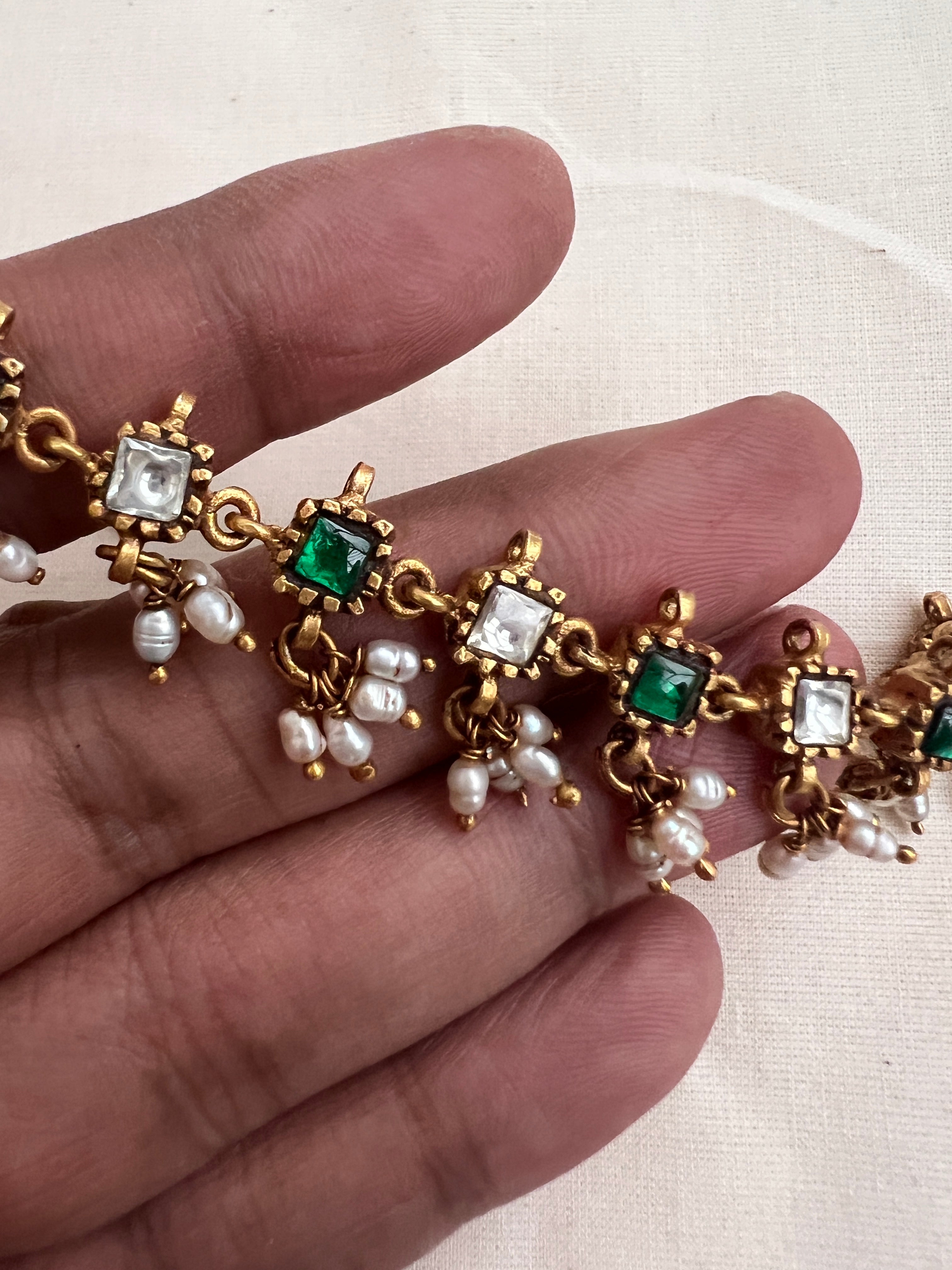 (Made ToOrder) Gold polish kundan & emerald necklace with pearls-Silver Neckpiece-CI-House of Taamara