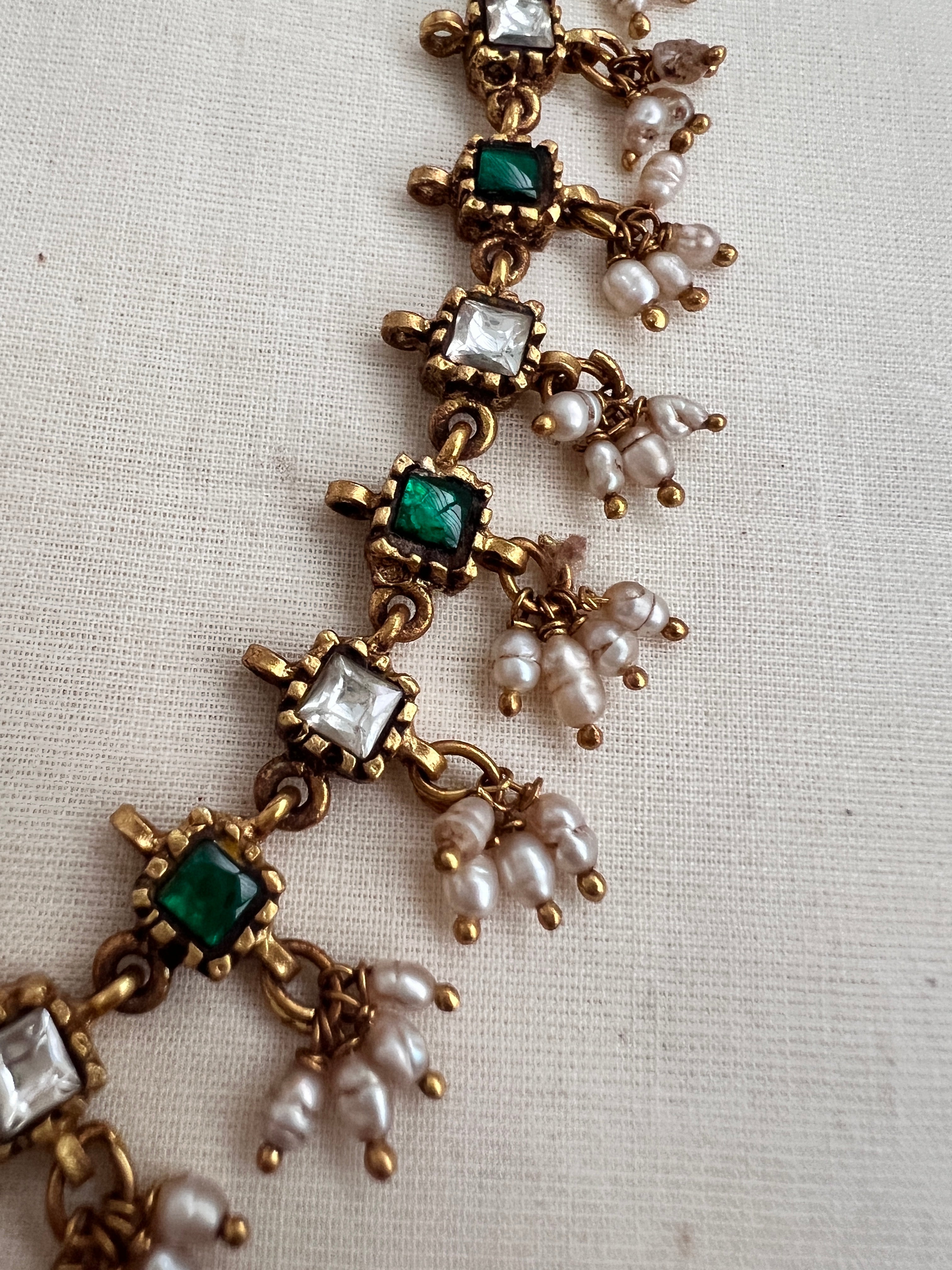 (Made ToOrder) Gold polish kundan & emerald necklace with pearls-Silver Neckpiece-CI-House of Taamara