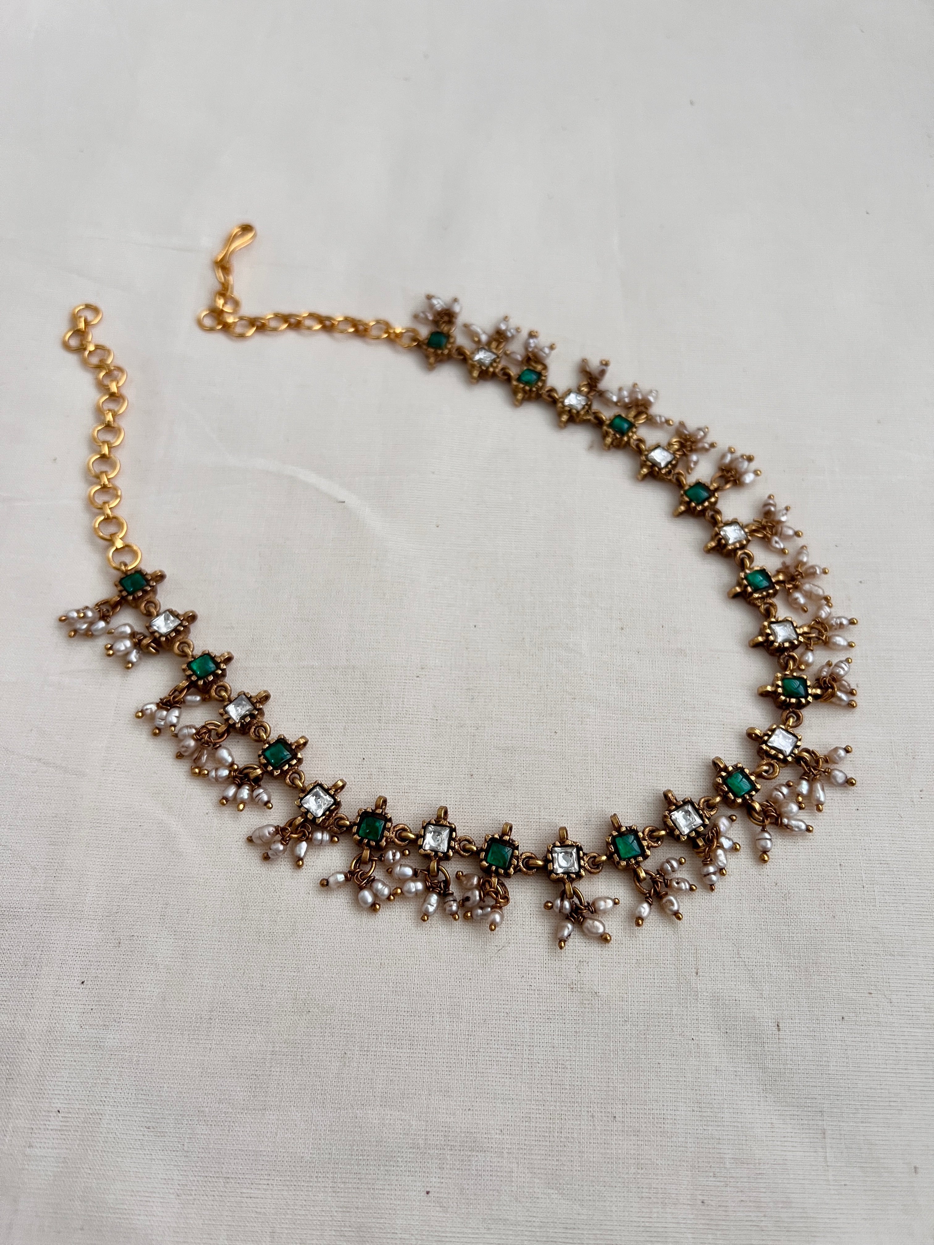 (Made ToOrder) Gold polish kundan & emerald necklace with pearls-Silver Neckpiece-CI-House of Taamara