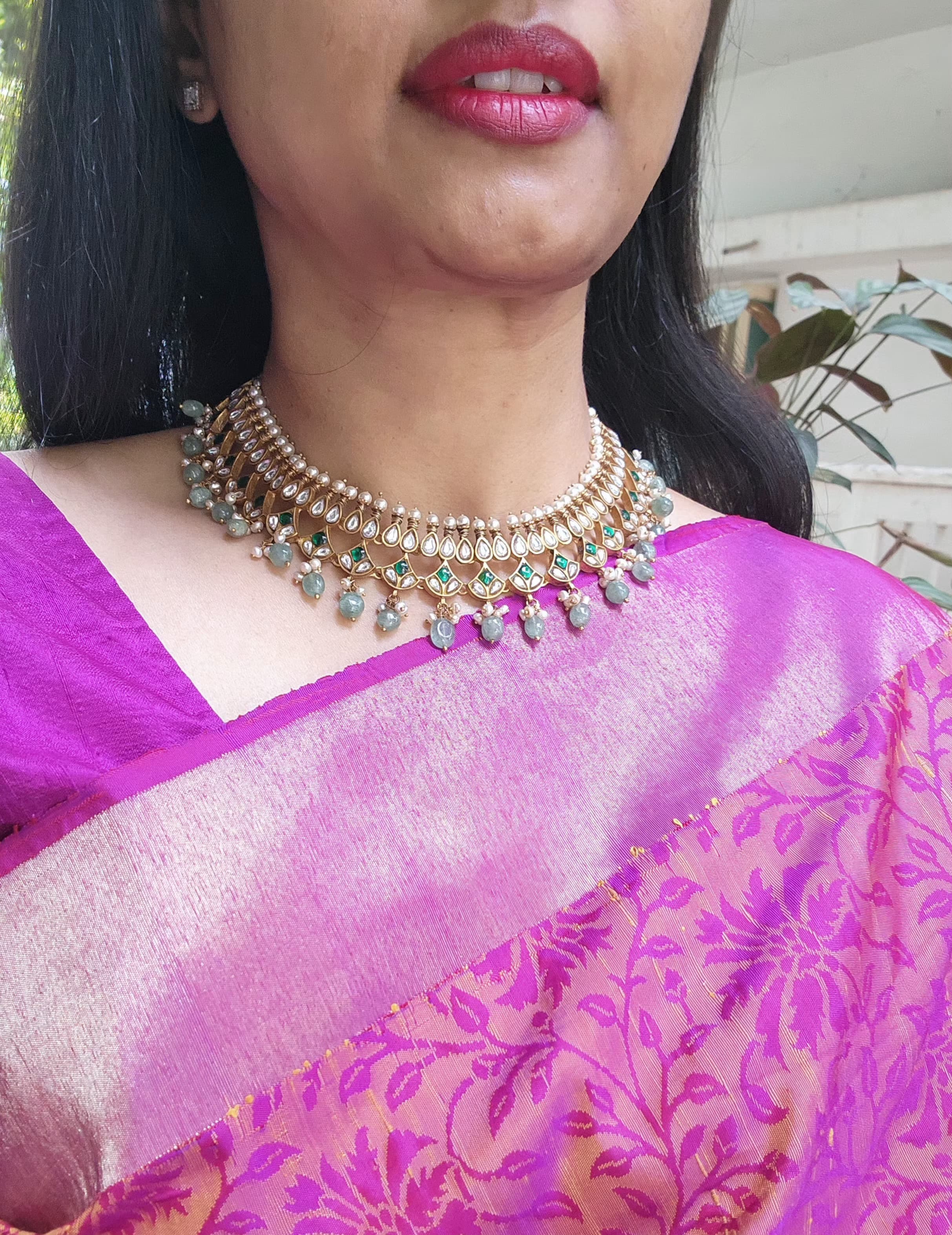 Gold polish kundan & emerald necklace with pearls and jade beads-Silver Neckpiece-CI-House of Taamara