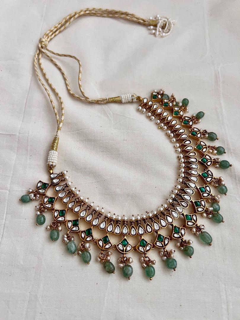 Gold polish kundan & emerald necklace with pearls and jade beads-Silver Neckpiece-CI-House of Taamara