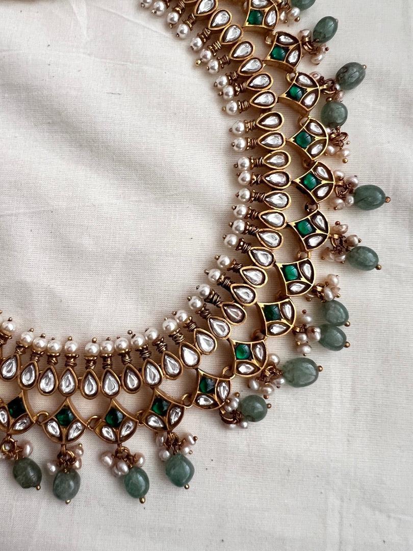 Gold polish kundan & emerald necklace with pearls and jade beads-Silver Neckpiece-CI-House of Taamara