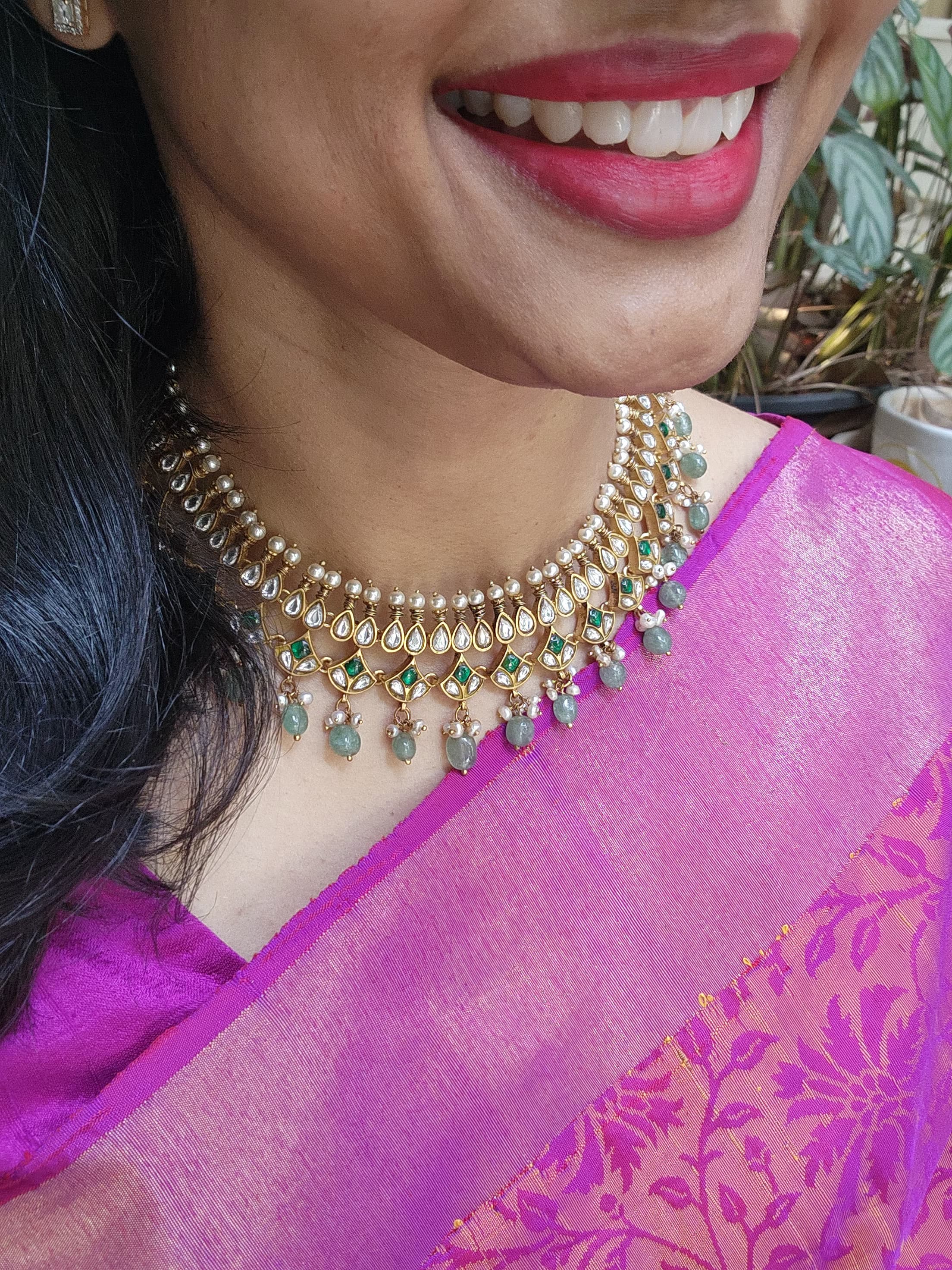 Gold polish kundan & emerald necklace with pearls and jade beads-Silver Neckpiece-CI-House of Taamara