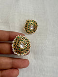 Gold polish kundan & emerald oval studs with pearls-Earrings-CI-House of Taamara