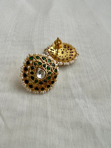 Gold polish kundan & emerald oval studs with pearls-Earrings-CI-House of Taamara