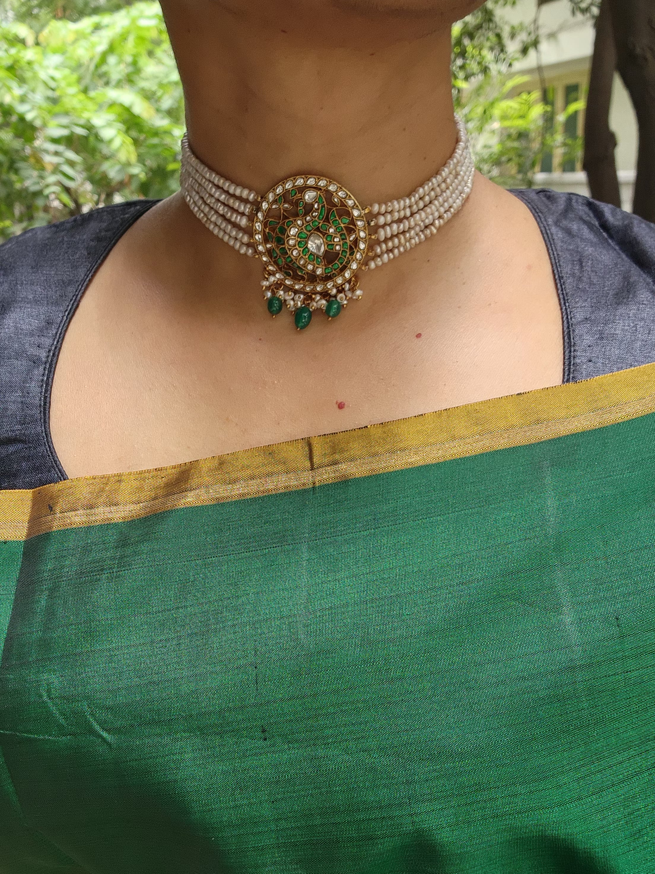 Gold polish kundan & emerald peacock choker with pearl strings and green onyx beads-Silver Neckpiece-CI-House of Taamara
