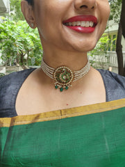 Gold polish kundan & emerald peacock choker with pearl strings and green onyx beads-Silver Neckpiece-CI-House of Taamara