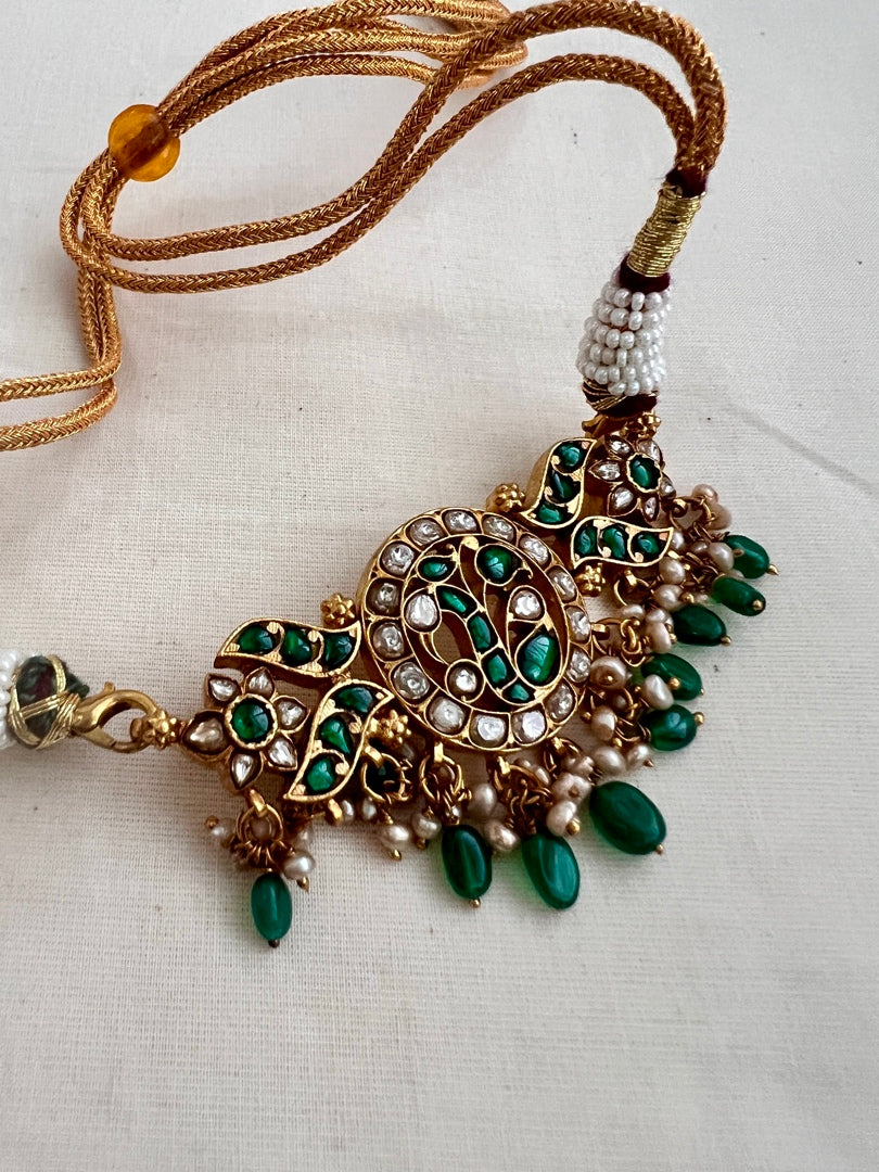 Gold polish kundan & emerald peacock choker with pearls & green onyx beads-Silver Neckpiece-CI-House of Taamara