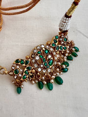 Gold polish kundan & emerald peacock choker with pearls & green onyx beads-Silver Neckpiece-CI-House of Taamara