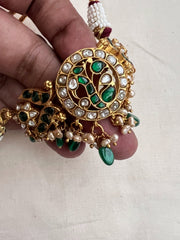 Gold polish kundan & emerald peacock choker with pearls & green onyx beads-Silver Neckpiece-CI-House of Taamara