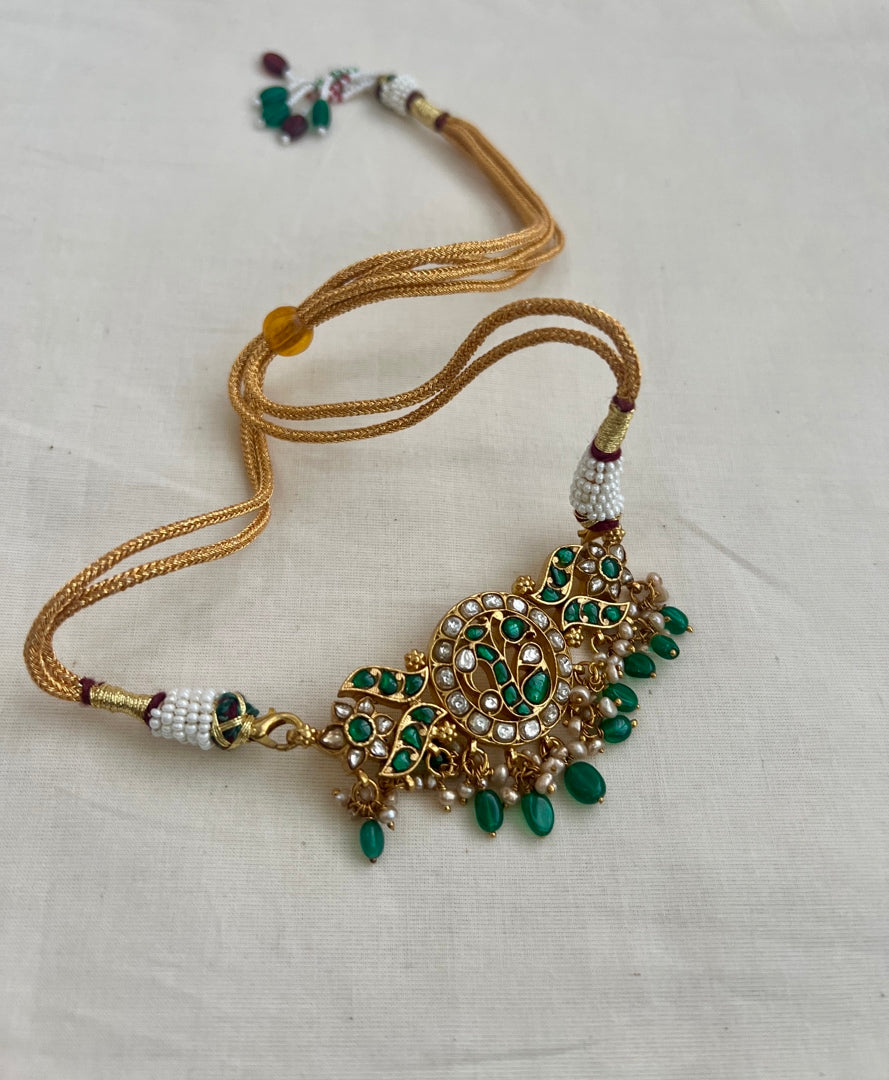 Gold polish kundan & emerald peacock choker with pearls & green onyx beads-Silver Neckpiece-CI-House of Taamara