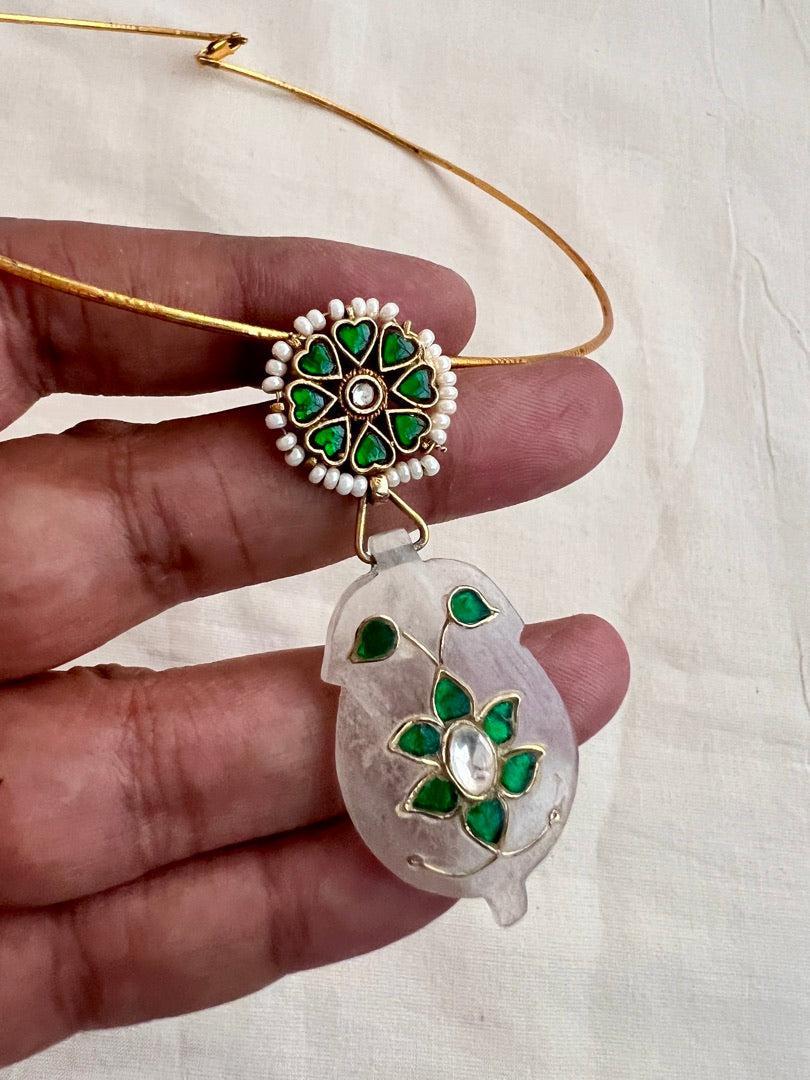 Gold polish kundan & emerald pendant hasli with pearls-Silver Neckpiece-CI-House of Taamara
