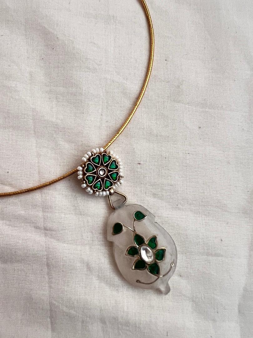 Gold polish kundan & emerald pendant hasli with pearls-Silver Neckpiece-CI-House of Taamara