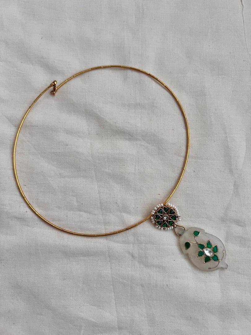 Gold polish kundan & emerald pendant hasli with pearls-Silver Neckpiece-CI-House of Taamara