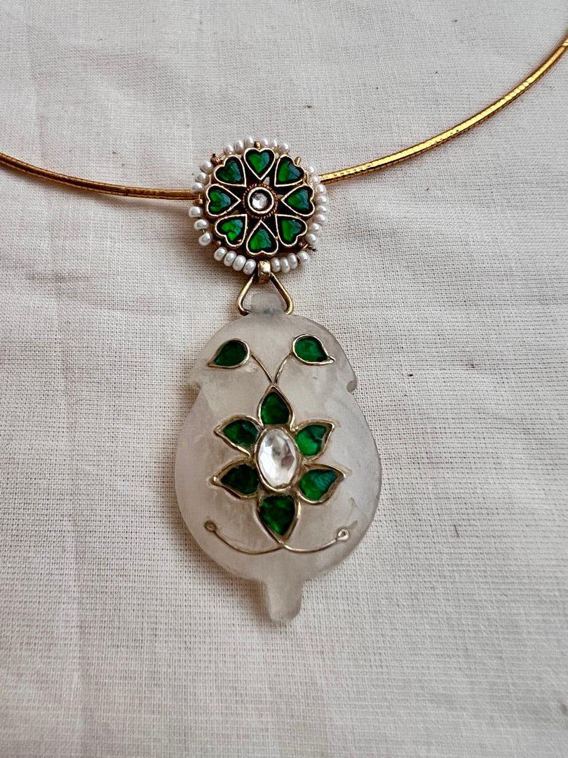 Gold polish kundan & emerald pendant hasli with pearls-Silver Neckpiece-CI-House of Taamara