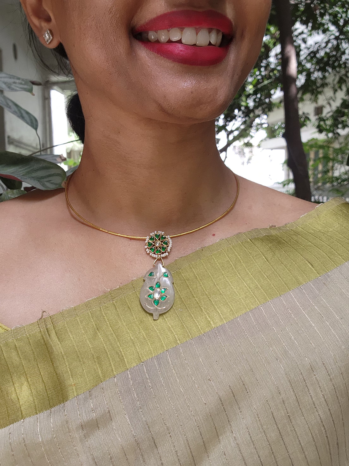 Gold polish kundan & emerald pendant hasli with pearls-Silver Neckpiece-CI-House of Taamara