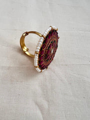 Gold polish kundan, emerald & ruby adjustable ring with pearls-Finger Ring-CI-House of Taamara