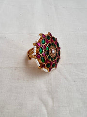 Gold polish kundan, emerald & ruby adjustable ring with pearls-Finger Ring-CI-House of Taamara