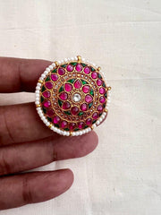 Gold polish kundan, emerald & ruby adjustable ring with pearls-Finger Ring-CI-House of Taamara