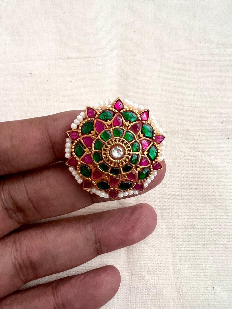 Gold polish kundan, emerald & ruby adjustable ring with pearls-Finger Ring-CI-House of Taamara