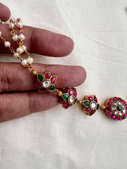 Gold polish kundan, emerald & ruby choker with pearl chain-Silver Neckpiece-CI-House of Taamara
