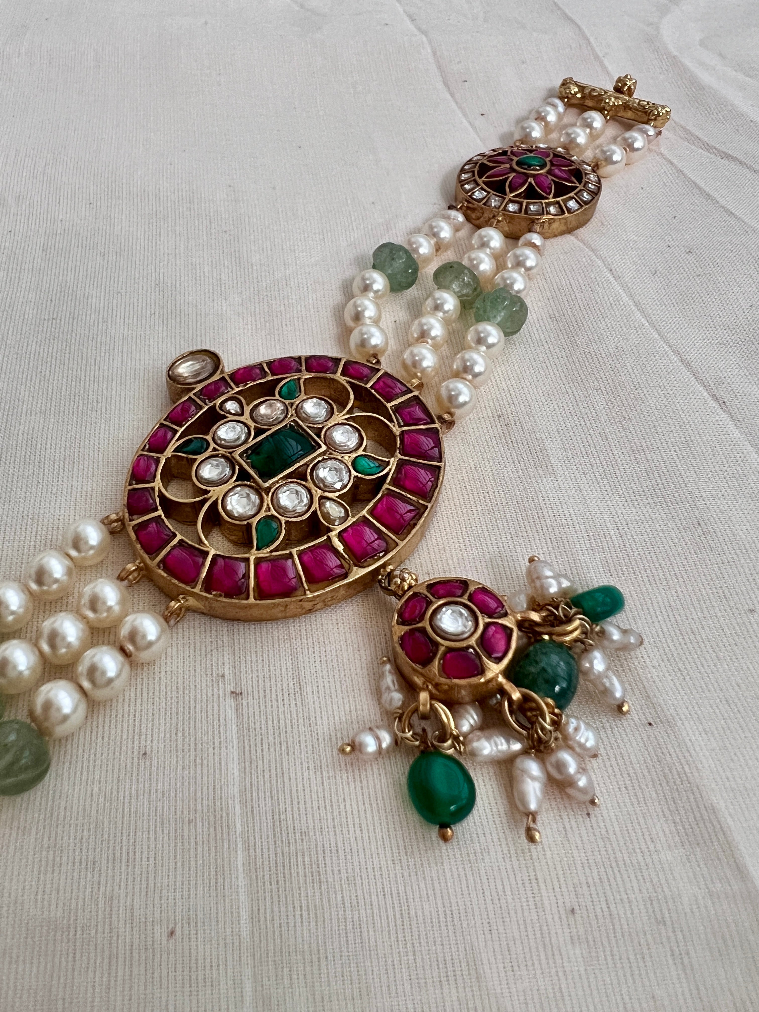 Gold polish kundan, emerald & ruby choker with pearls and jade beads-Silver Neckpiece-CI-House of Taamara