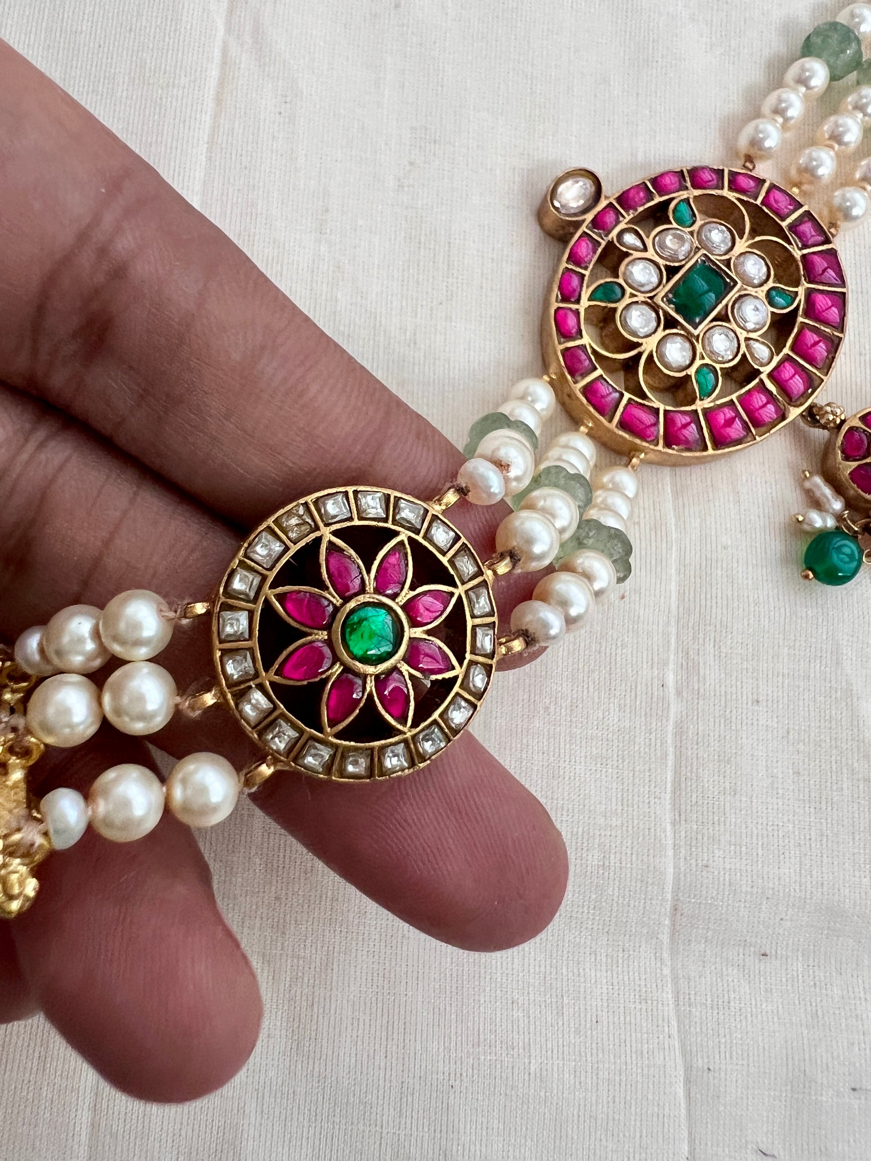 Gold polish kundan, emerald & ruby choker with pearls and jade beads-Silver Neckpiece-CI-House of Taamara