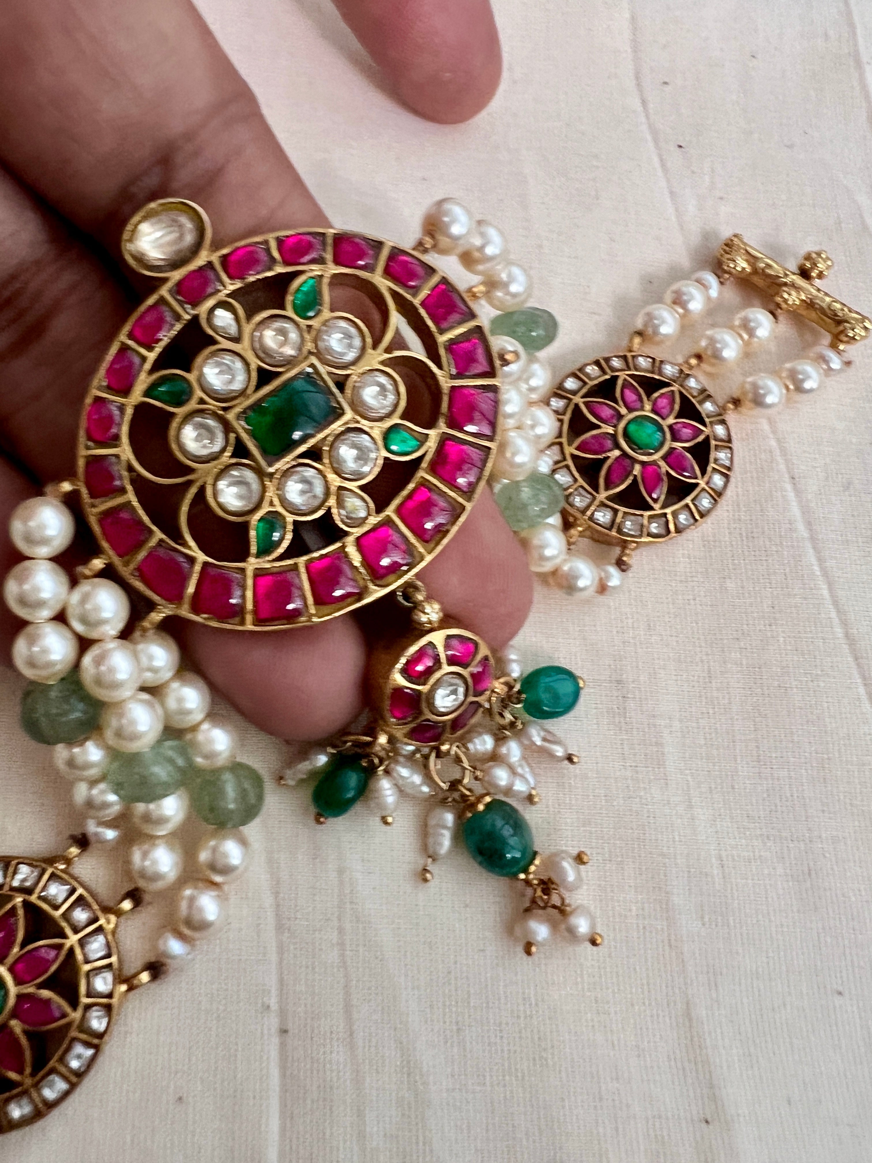 Gold polish kundan, emerald & ruby choker with pearls and jade beads-Silver Neckpiece-CI-House of Taamara