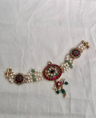 Gold polish kundan, emerald & ruby choker with pearls and jade beads-Silver Neckpiece-CI-House of Taamara