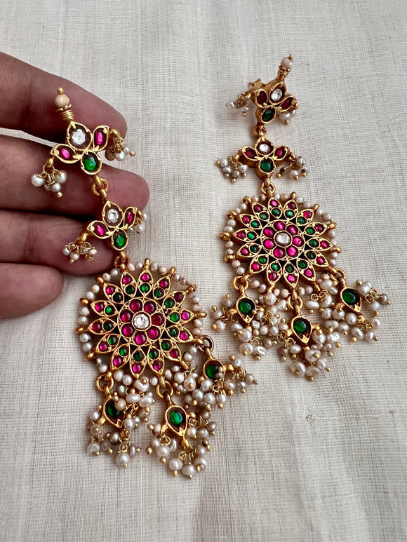 Gold polish kundan, emerald & ruby earrings with pearls-Earrings-CI-House of Taamara