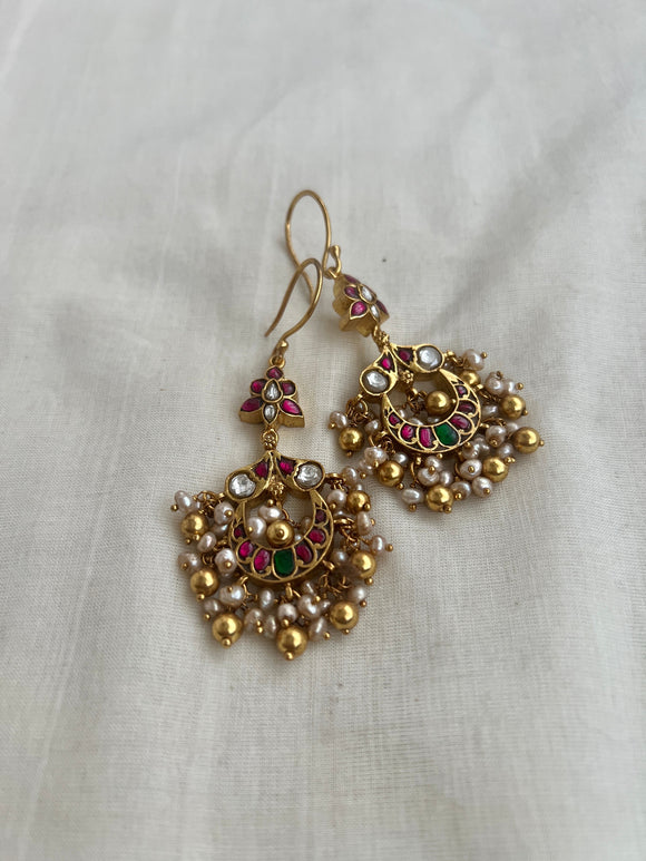 Gold polish kundan, emerald & ruby hangings with pearls (MADE TO ORDER)-Earrings-CI-House of Taamara