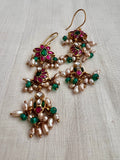 Gold polish kundan, emerald & ruby hook earrings with pearls and green onyx beads-Earrings-CI-House of Taamara