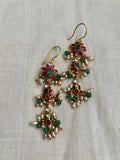 Gold polish kundan, emerald & ruby hook earrings with pearls and green onyx beads-Earrings-CI-House of Taamara