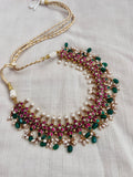 Gold polish kundan, emerald & ruby necklace with pearls and green onyx beads-Silver Neckpiece-CI-House of Taamara