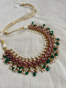 Gold polish kundan, emerald & ruby necklace with pearls and green onyx beads-Silver Neckpiece-CI-House of Taamara