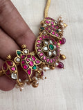 Gold polish kundan, emerald & ruby necklace with pearls and ruby beads-Silver Neckpiece-CI-House of Taamara