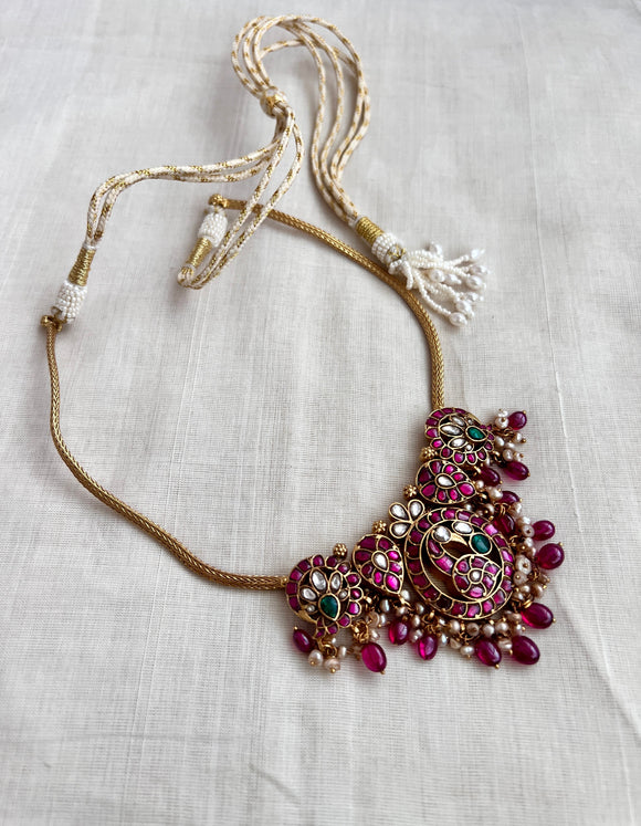 Gold polish kundan, emerald & ruby necklace with pearls and ruby beads-Silver Neckpiece-CI-House of Taamara