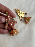 Gold polish kundan, emerald & ruby peacock jhumkas with pearls-Earrings-CI-House of Taamara