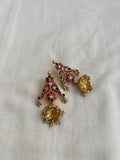 Gold polish kundan, emerald & ruby peacock jhumkas with pearls-Earrings-CI-House of Taamara