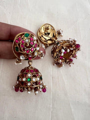 Gold polish kundan, emerald & ruby peacock jhumkas with pearls & ruby beads-Earrings-CI-House of Taamara