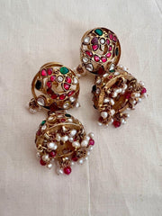 Gold polish kundan, emerald & ruby peacock jhumkas with pearls & ruby beads-Earrings-CI-House of Taamara