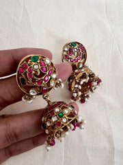 Gold polish kundan, emerald & ruby peacock jhumkas with pearls & ruby beads-Earrings-CI-House of Taamara