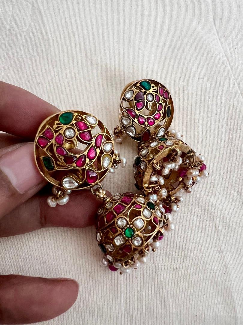 Gold polish kundan, emerald & ruby peacock jhumkas with pearls & ruby beads-Earrings-CI-House of Taamara