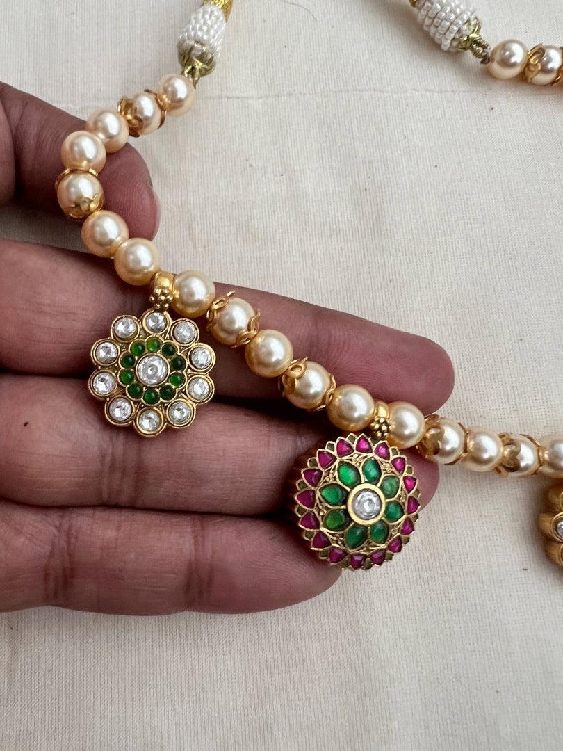 Gold polish kundan, emerald & ruby pendant necklace with pearl chain-Silver Neckpiece-CI-House of Taamara