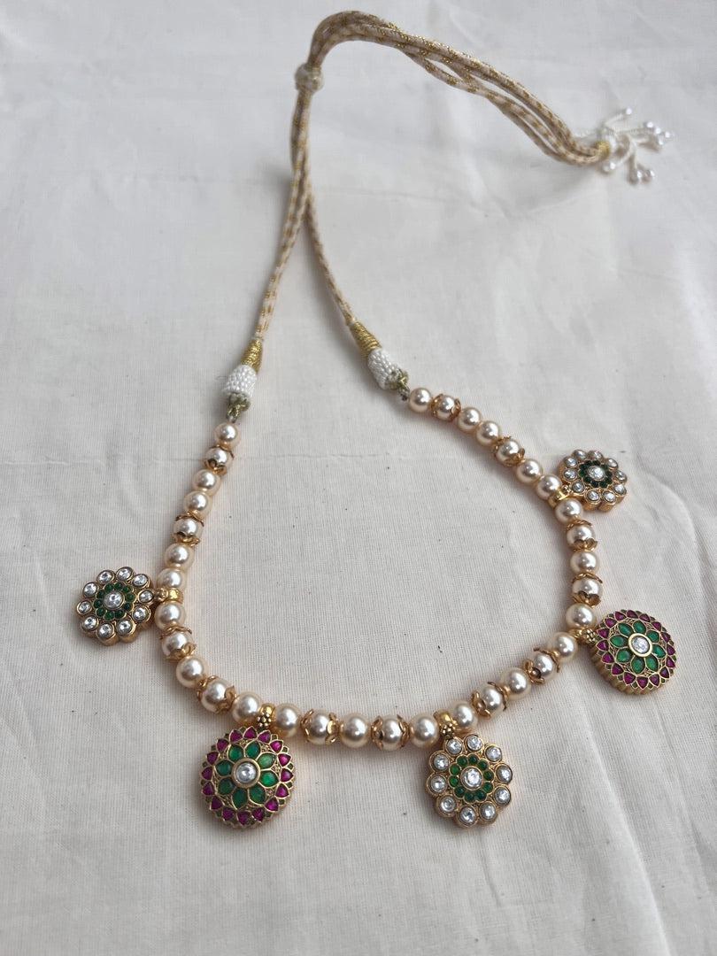 Gold polish kundan, emerald & ruby pendant necklace with pearl chain-Silver Neckpiece-CI-House of Taamara