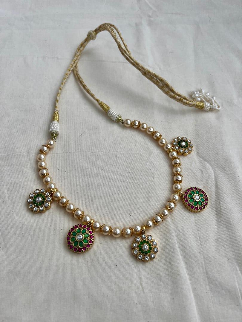 Gold polish kundan, emerald & ruby pendant necklace with pearl chain-Silver Neckpiece-CI-House of Taamara